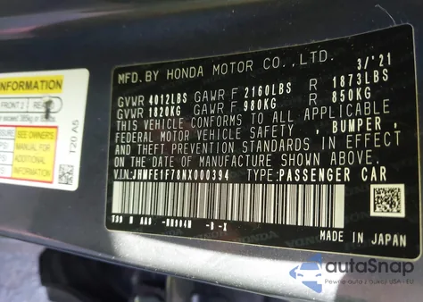 2022 Honda Civic Ex z USA, uszkodzony, nr VIN JHMFE1F78NX000394